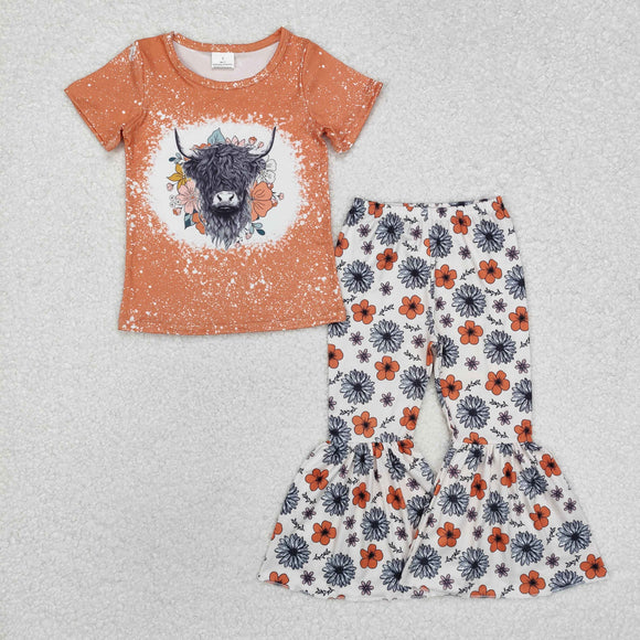 Highland Cow Floral Orange Girls Short Sleeve+Trousers Sets