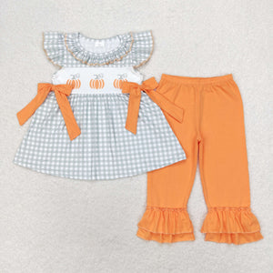 Pumpkin Orange Bows Green Plaid Ruffles Girls Short Sleeve+Trousers Sets