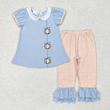 Three Pumpkins Orange Plaid Blue Girls Short Sleeve+Trousers Sets