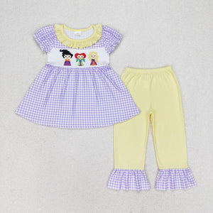 Cartoon Witches Purple Plaid Yellow Girls Halloween Outfits