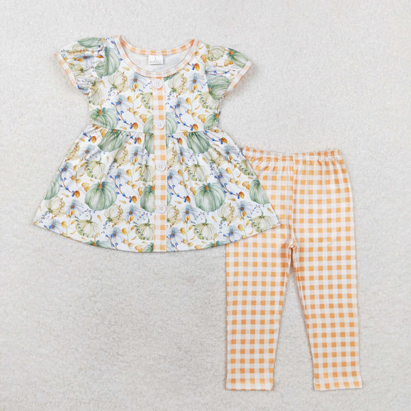 Pumpkin Orange Plaid Girls Short Sleeve+Trousers Sets