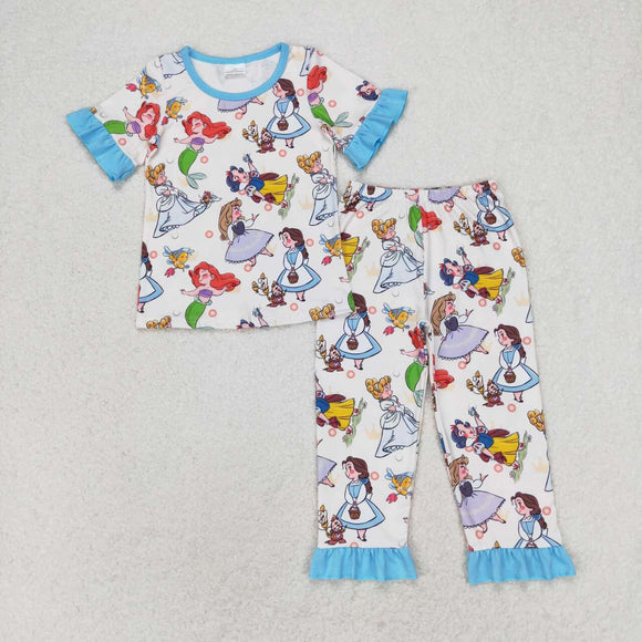 Cartoon Princess Blue Ruffles Girls Short Sleeve Pajamas