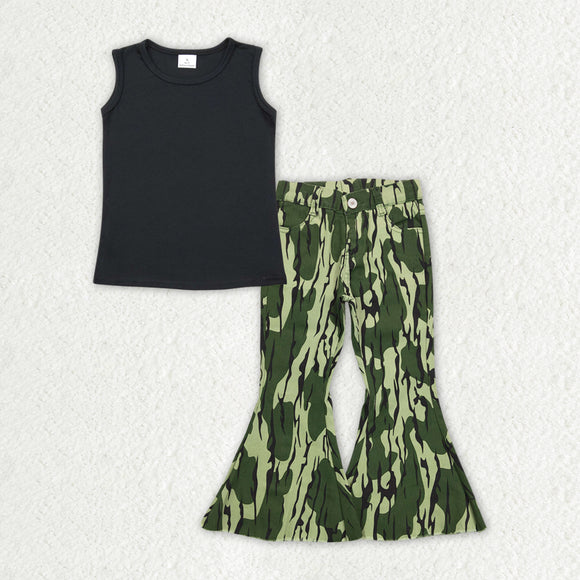 Solid Black Green Camo Denim Girls Short Sleeve+Trousers Sets