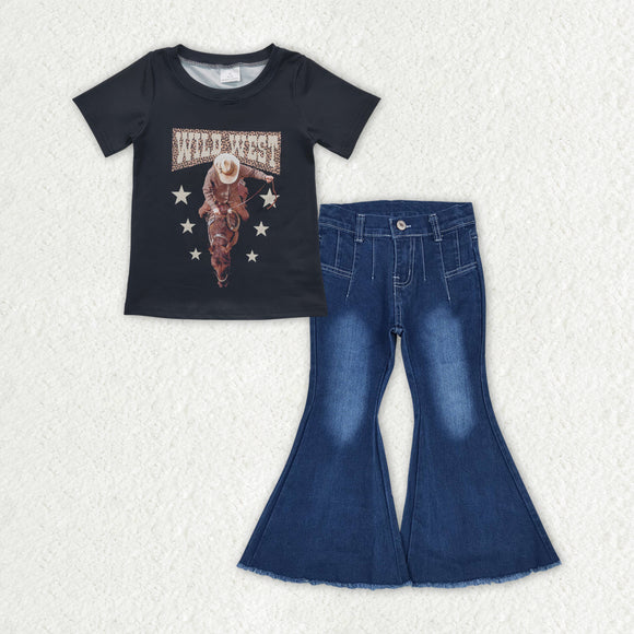 Wild West Bleached Denim Girls Short Sleeve+Trousers Sets