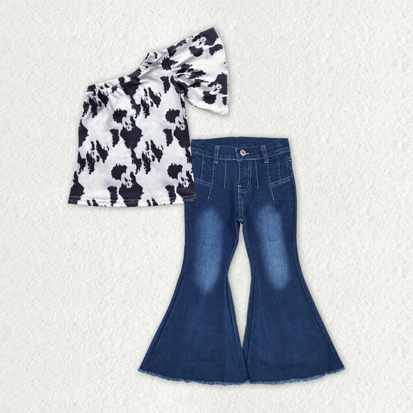 Cowhide Print Bleached Denim Girls Short Sleeve+Trousers Sets