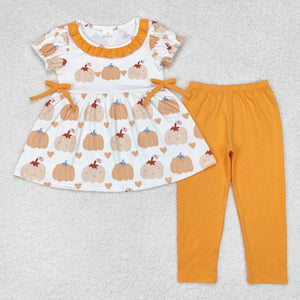 Pumpkn Heart Orange Bows Ruffles Girls Short Sleeve+Trousers Sets