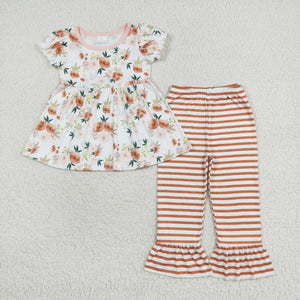 Floral Stripe Girls Short Sleeve+Trousers Sets