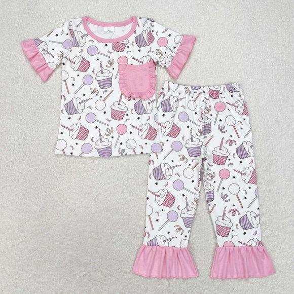 Cake Happy Birthday Pocket Pink White Girls Short Sleeve Pajamas