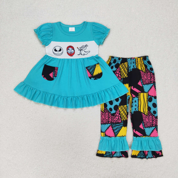 Cartoon Patchwork Pockets Blue Girls Halloween Outfits