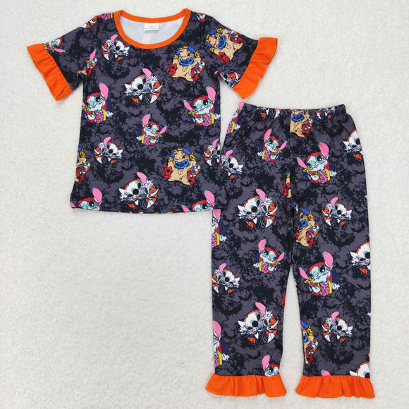 Cartoon Orange Ruffles Black Girls Halloween Pajamas