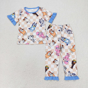 Cartoon Dogs Plaid Blue Ruffles Girls Short Sleeve Pajamas