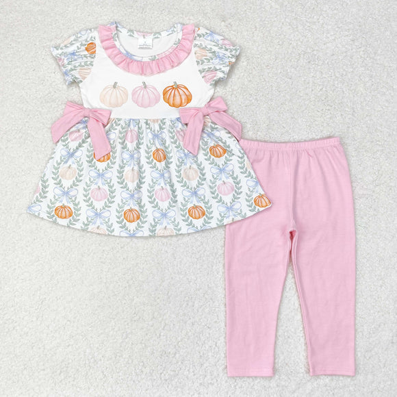 Pumpkin Leaves Bow Pink Ruffles White Girls Short Sleeve+Trousers Sets