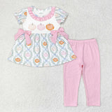 Pumpkin Leaves Bow Pink Ruffles White Girls Short Sleeve+Trousers Sets