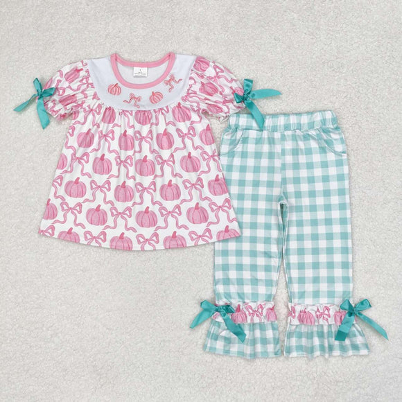 Pumpkin Bow Embroidery Plaid Girls Short Sleeve+Trousers Sets