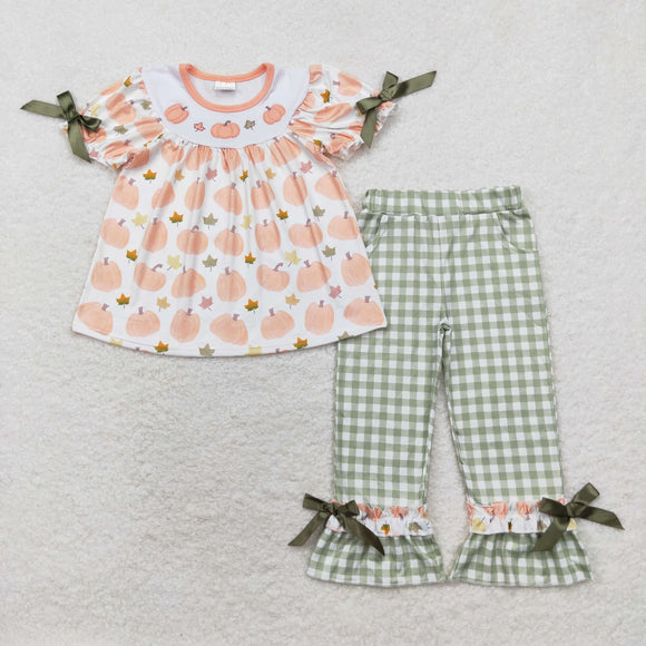 Pumpkins Leaves Green Plaid Girls Short Sleeve+Trousers Sets