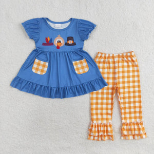 Turkey Hat Yellow Plaid Pockets Blue Girls Thanksgiving Outfits