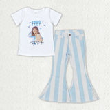 1989 Singer Blue Stripe Denim Girls Short Sleeve+Trousers Sets