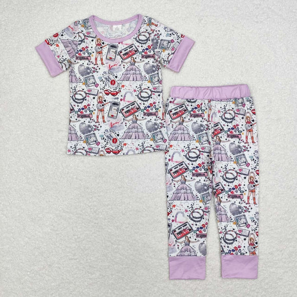 Bamboo Singer Heart Purple White Girls Short Sleeve Pajamas