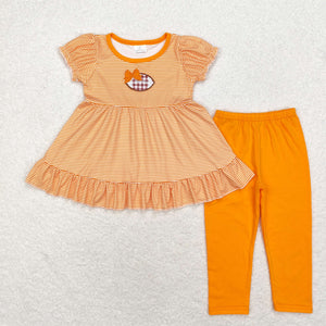 Football Stripe Orange Girls Short Sleeve+Trousers Sets