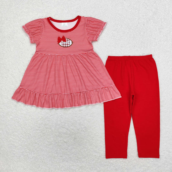 Football Stripe Red Girls Short Sleeve+Trousers Sets