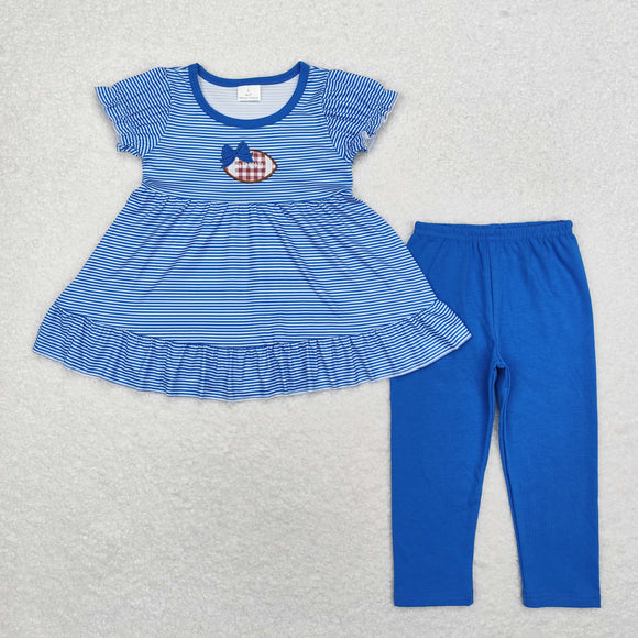 Football Stripe Blue Girls Short Sleeve+Trousers Sets