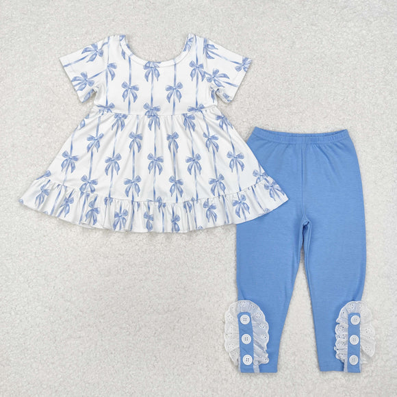 Bow Pattern Blue White Girls Short Sleeve+Trousers Sets