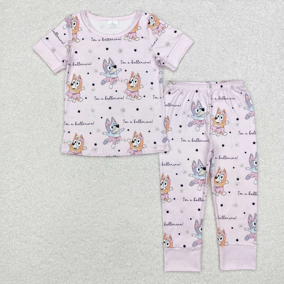 Cartoon Dogs Pink Girls Short Sleeve Pajamas