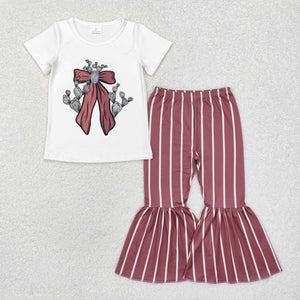 Bow Pattern Cactus Stripe Girls Short Sleeve+Trousers Sets