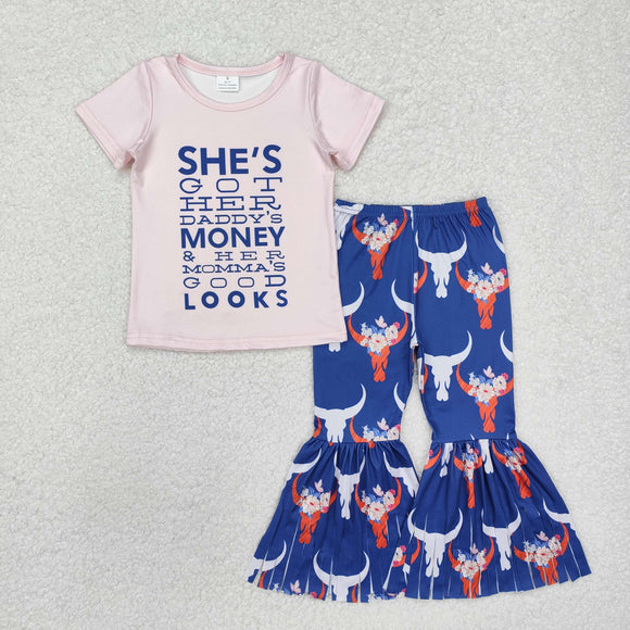 Got Money Looks Letters Pink Blue Girls Short Sleeve+Trousers Sets