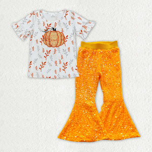 Pumpkin Orange Sequins Girls Short Sleeve+Trousers Sets