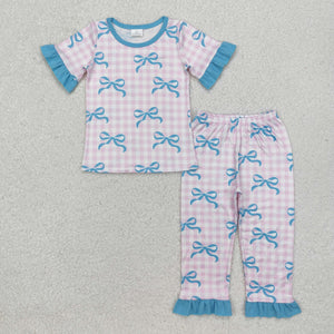 Blue Bow Pattern Pink Plaid Girls Short Sleeve Pajamas