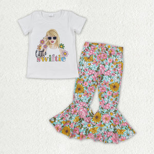 Little Swiftie Floral Denim Girls Short Sleeve+Trousers Sets