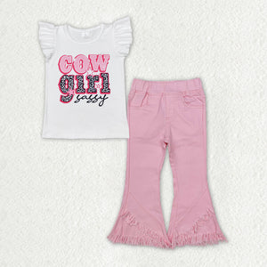 Cowgirl Sassy Pink Denim Girls Short Sleeve+Trousers Sets