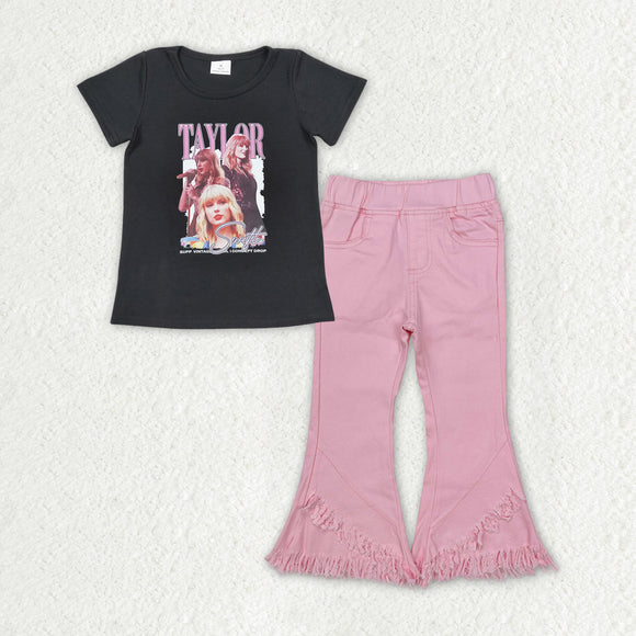 Singer Pink Denim Girls Short Sleeve+Trousers Sets