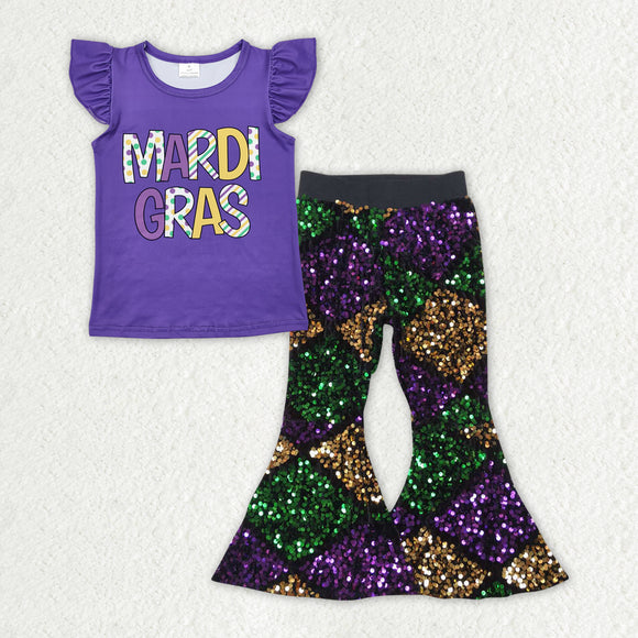 Letters Purple Rhomboid Sequins Girls Mardi Gras Outfits