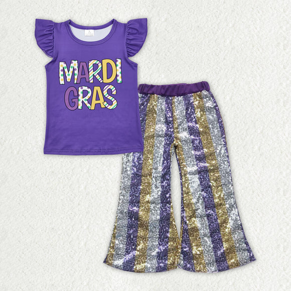 Letters Purple Gold Stripe Sequins Girls Mardi Gras Outfits