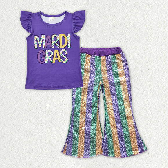 Letters Purple Green Stripe Sequins Girls Mardi Gras Outfits