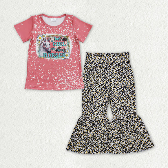 Loves Horses Floral Leopard Print Girls Short Sleeve+Trousers Sets