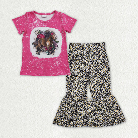 Horse Floral Leopard Print Girls Short Sleeve+Trousers Sets