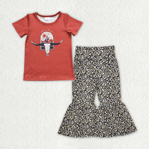 Highland Cow Leopard Print Girls Short Sleeve+Trousers Sets