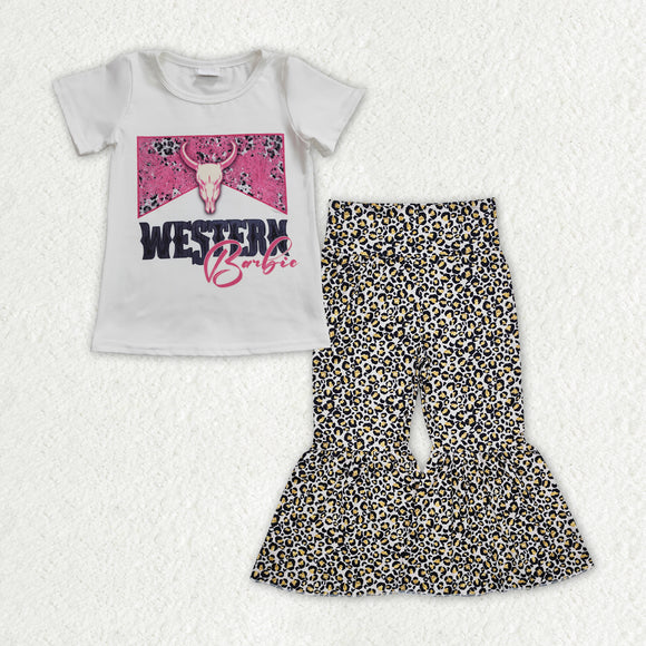 Western Cow Leopard Print Girls Short Sleeve+Trousers Sets