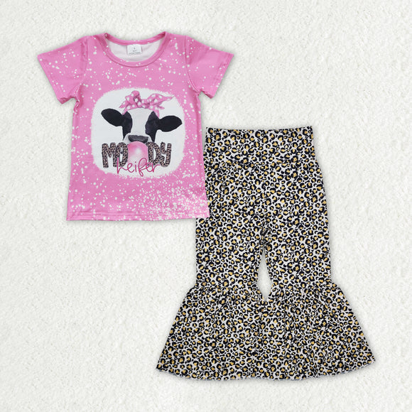 Moody Heifer Leopard Print Girls Short Sleeve+Trousers Sets