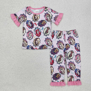 Princess Bow Pattern Pink Girls Short Sleeve Pajamas