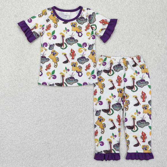 Animals Purple Ruffles White Girls Mardi Gras Pajamas