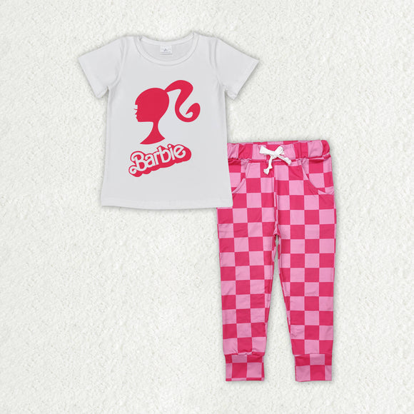 Cartoon Dolls Plaid Hot Pink Girls Short Sleeve+Trousers Sets