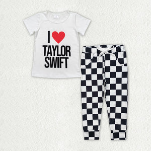 I Love Taylor Black White Plaid Girls Short Sleeve+Trousers Sets