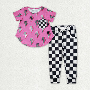 Black White Plaid Pocket Lightning Girls Short Sleeve+Trousers Sets