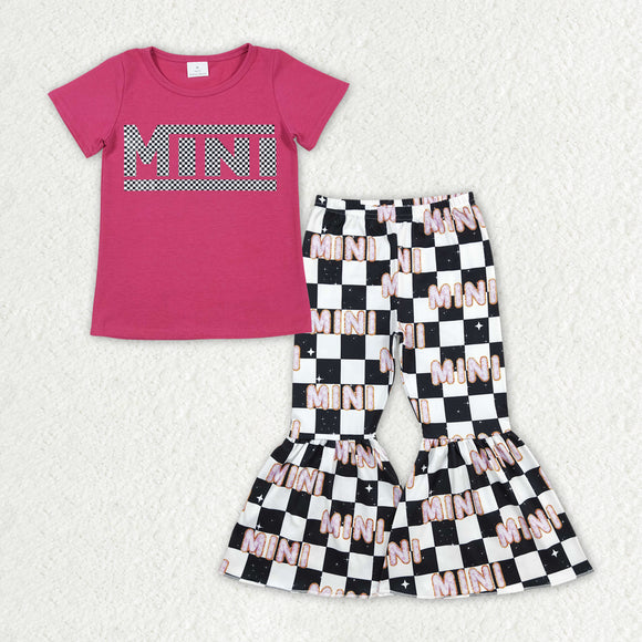 Mini Letters Plaid Hot Pink Girls Short Sleeve+Trousers Sets