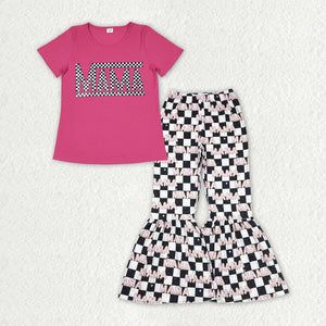 Mama Letters Plaid Hot Pink Adults Short Sleeve+Trousers Sets