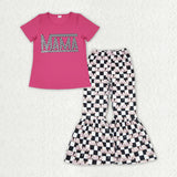 Mama Letters Plaid Hot Pink Adults Short Sleeve+Trousers Sets